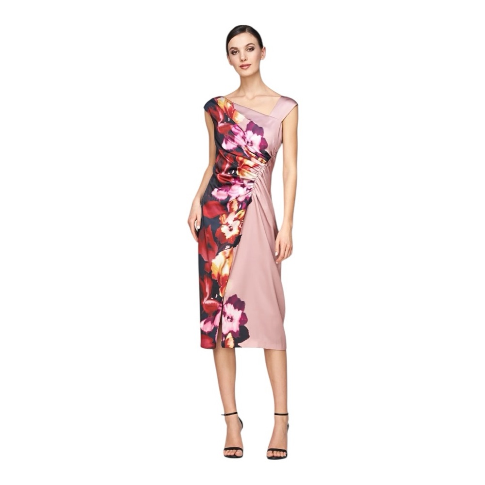 Kay Unger Ilssa Asymmetric MIDI Ruched Floral Print Sleeveless Dress Size 8 NEW